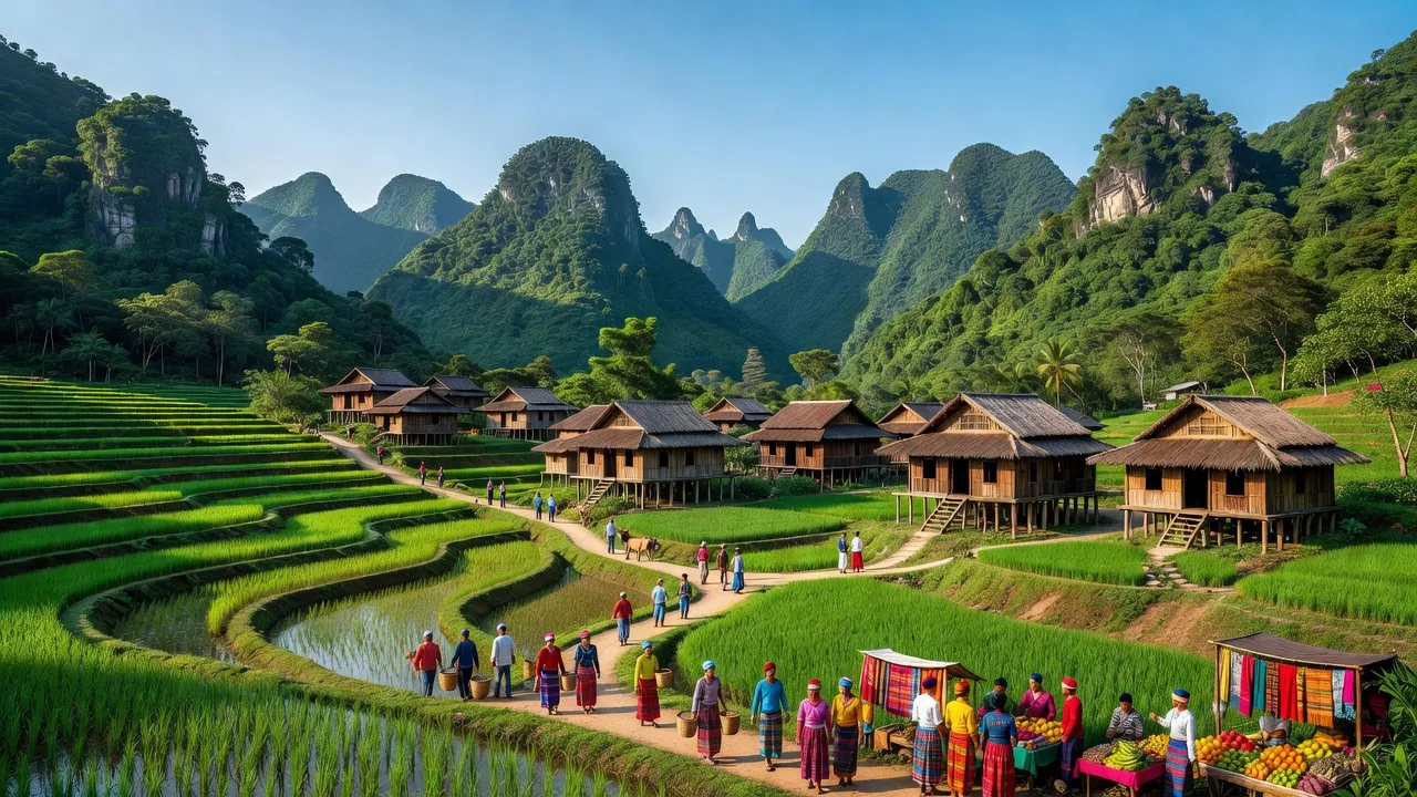 Khung cảnh Xã Đức Hạnh, huyện Bảo Lâm, tỉnh Cao Bằng với núi xanh và văn hóa địa phương.