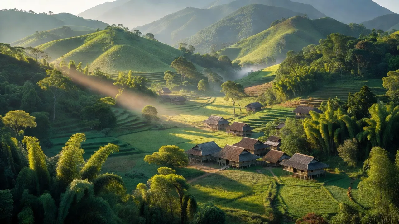 Xã Lý Bôn, huyện Bảo Lâm, tỉnh Cao Bằng với phong cảnh núi non, thung lũng và nhà truyền thống.