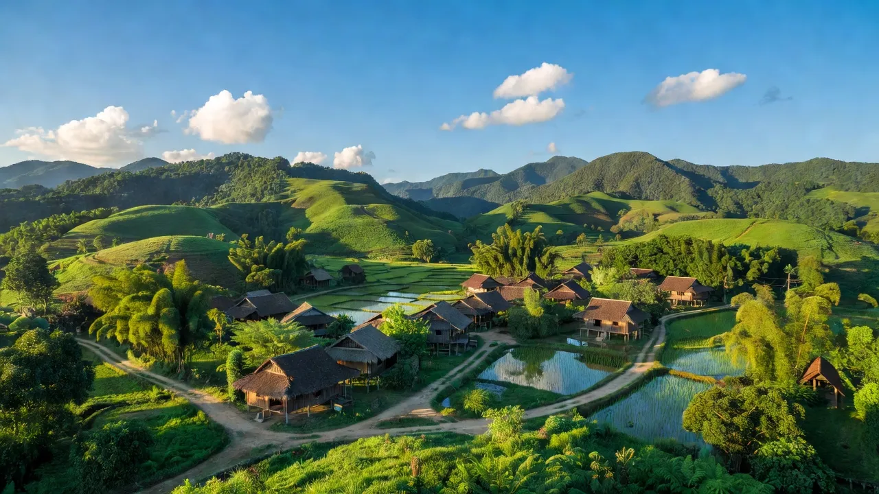 Khung cảnh đẹp xã Nam Quang, huyện Bảo Lâm, Cao Bằng với núi non và nhà truyền thống.
