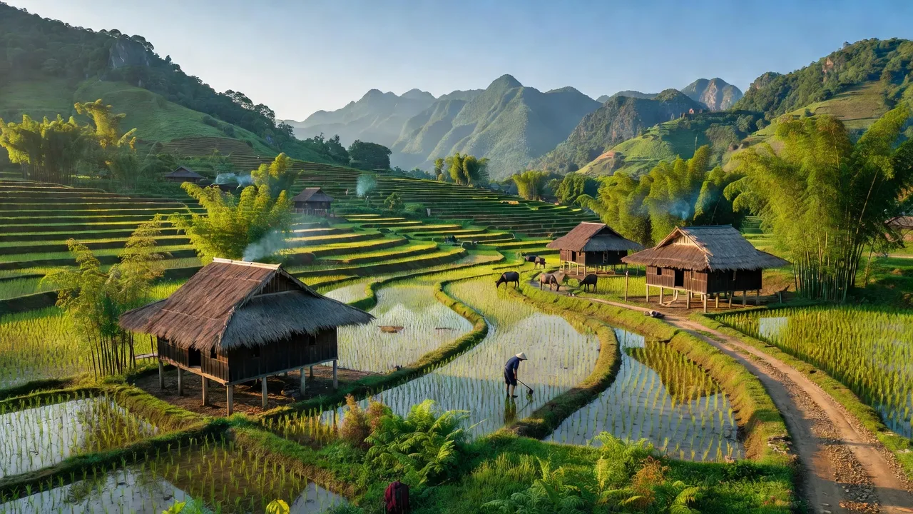 Phong cảnh xã Nam Quang, huyện Bảo Lâm, tỉnh Cao Bằng với đồi núi và nhà truyền thống.