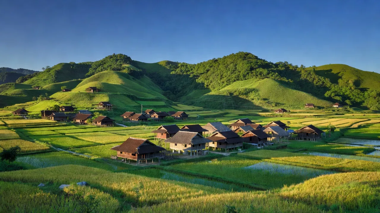 Cảnh đẹp xã Thái Học, huyện Bảo Lâm, tỉnh Cao Bằng với đồi xanh và nhà truyền thống.