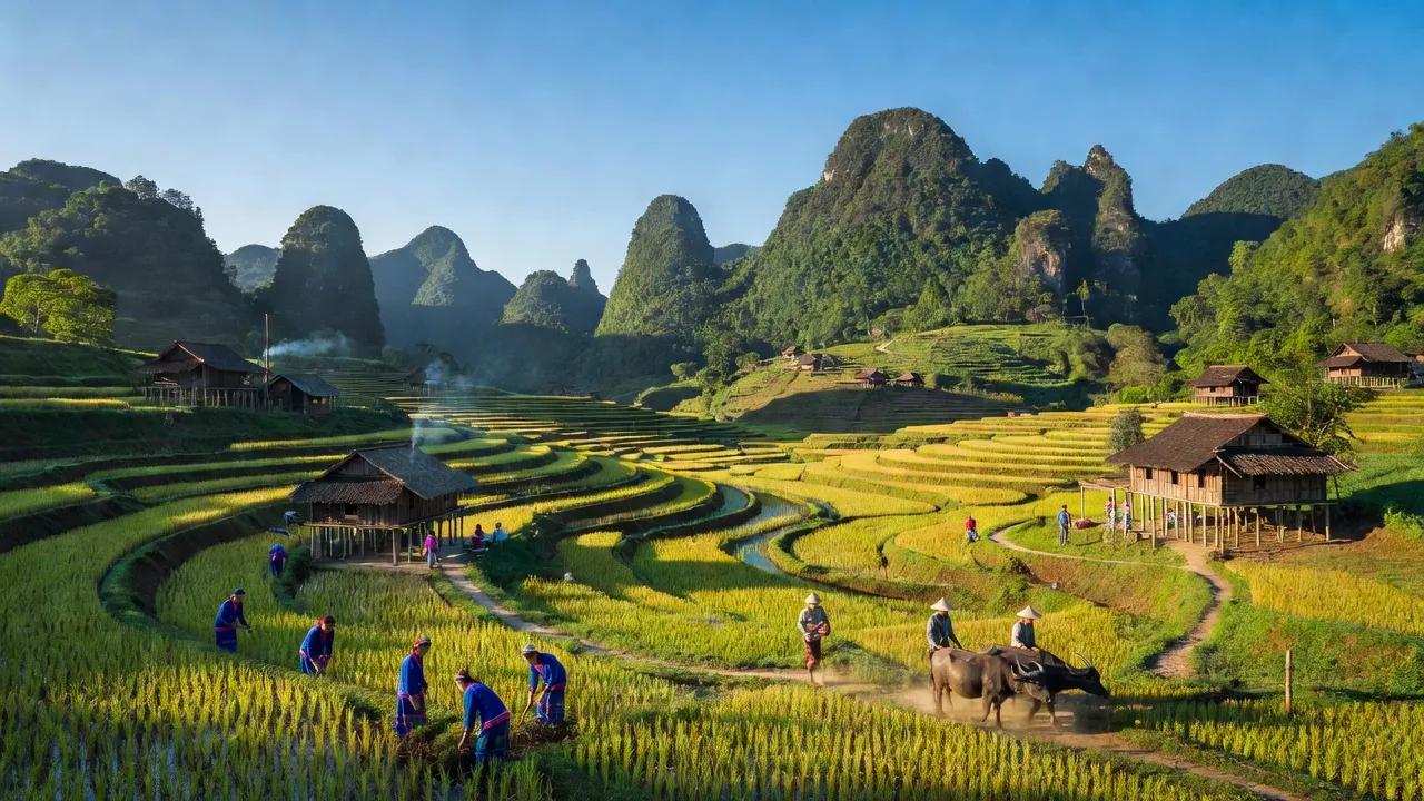 Cảnh sắc Huyện Hạ Lang, Cao Bằng với núi non, ruộng bậc thang và nhà truyền thống.