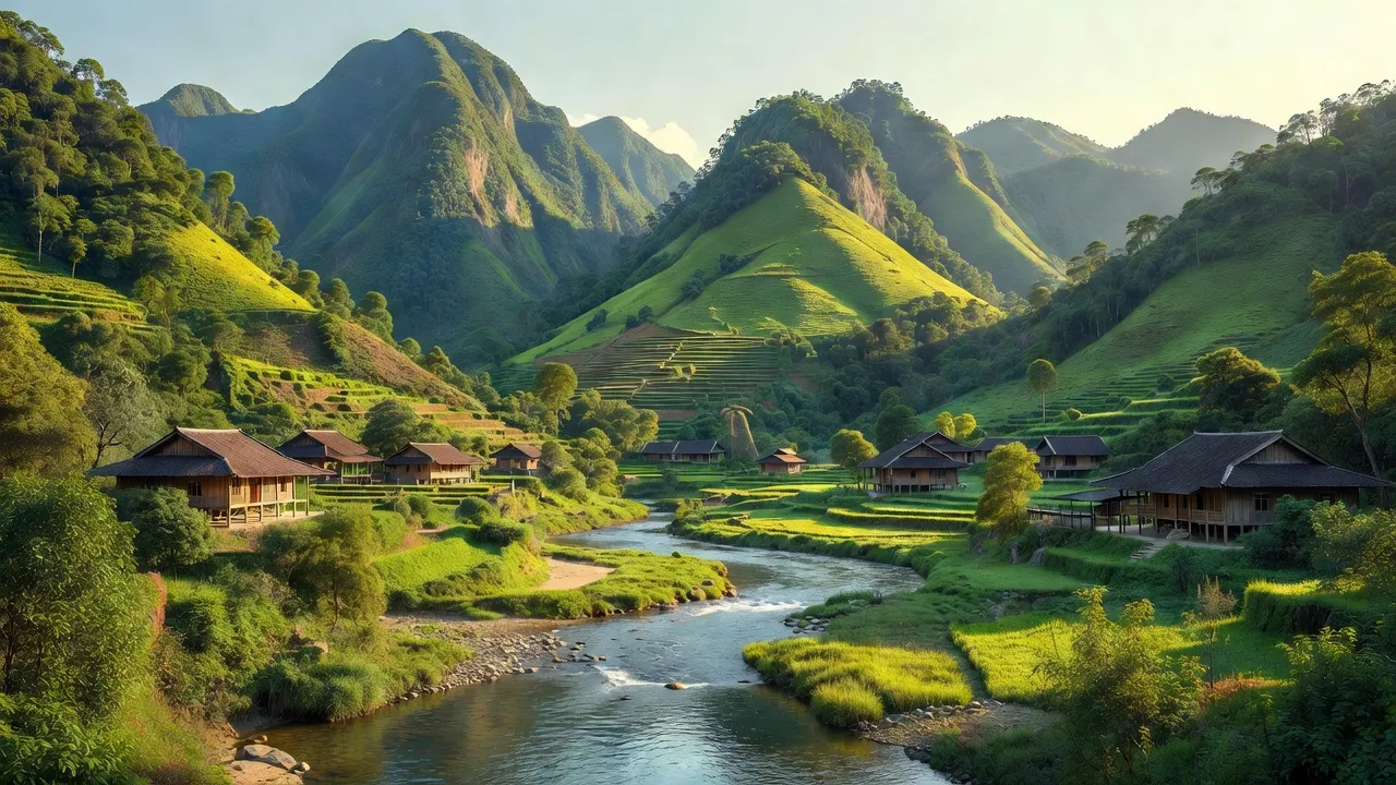 Khung cảnh thiên nhiên huyện Hạ Lang, tỉnh Cao Bằng với núi xanh, dòng sông và nhà truyền thống.