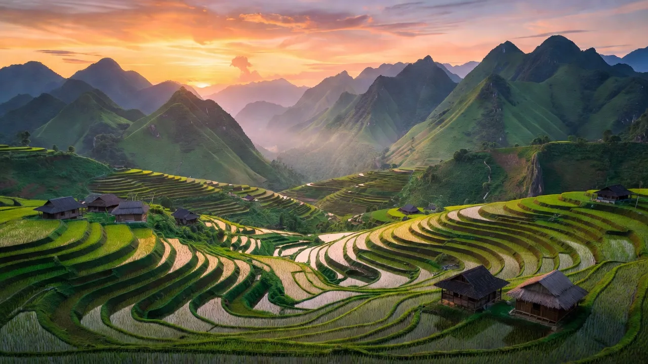 Cảnh đẹp Xã An Lạc, Huyện Hạ Lang, Tỉnh Cao Bằng với ruộng bậc thang và nhà truyền thống.