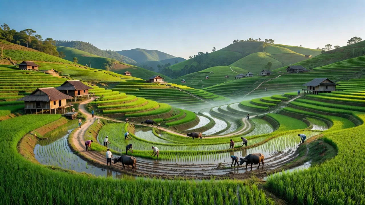 Khung cảnh yên bình của xã An Lạc, huyện Hạ Lang, tỉnh Cao Bằng với những đồi xanh đẹp.