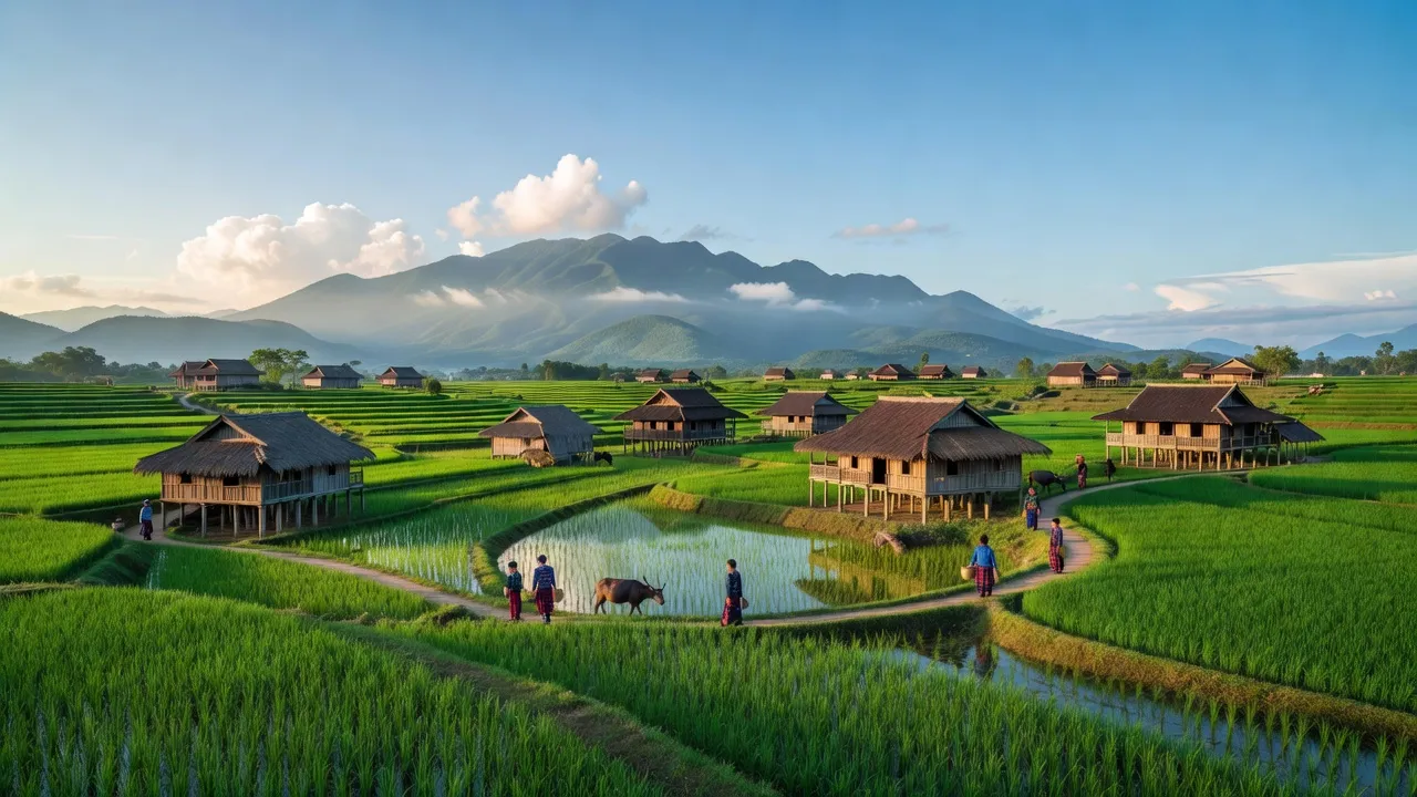 Cảnh quan xã Minh Long, huyện Hạ Lang, tỉnh Cao Bằng với cánh đồng xanh và núi non hùng vĩ.