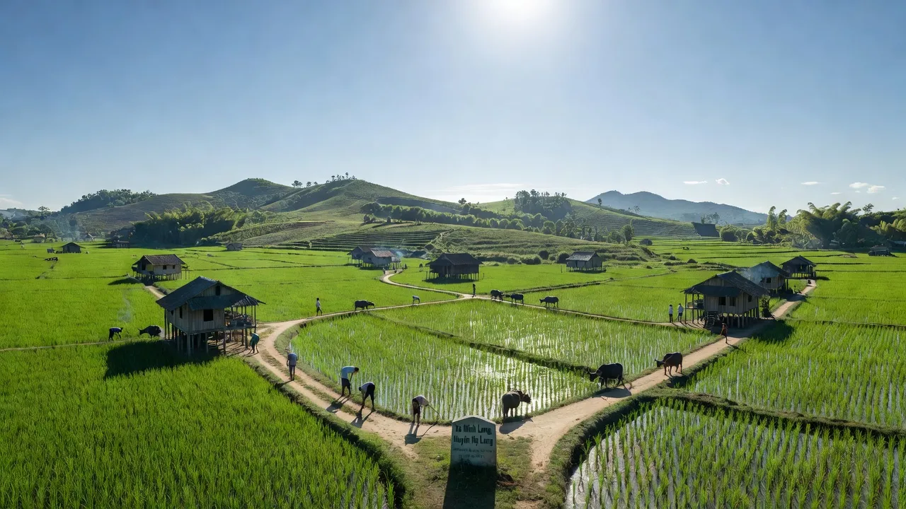 Xã Minh Long, Huyện Hạ Lang, tỉnh Cao Bằng với cánh đồng xanh và cảnh quan biên giới.