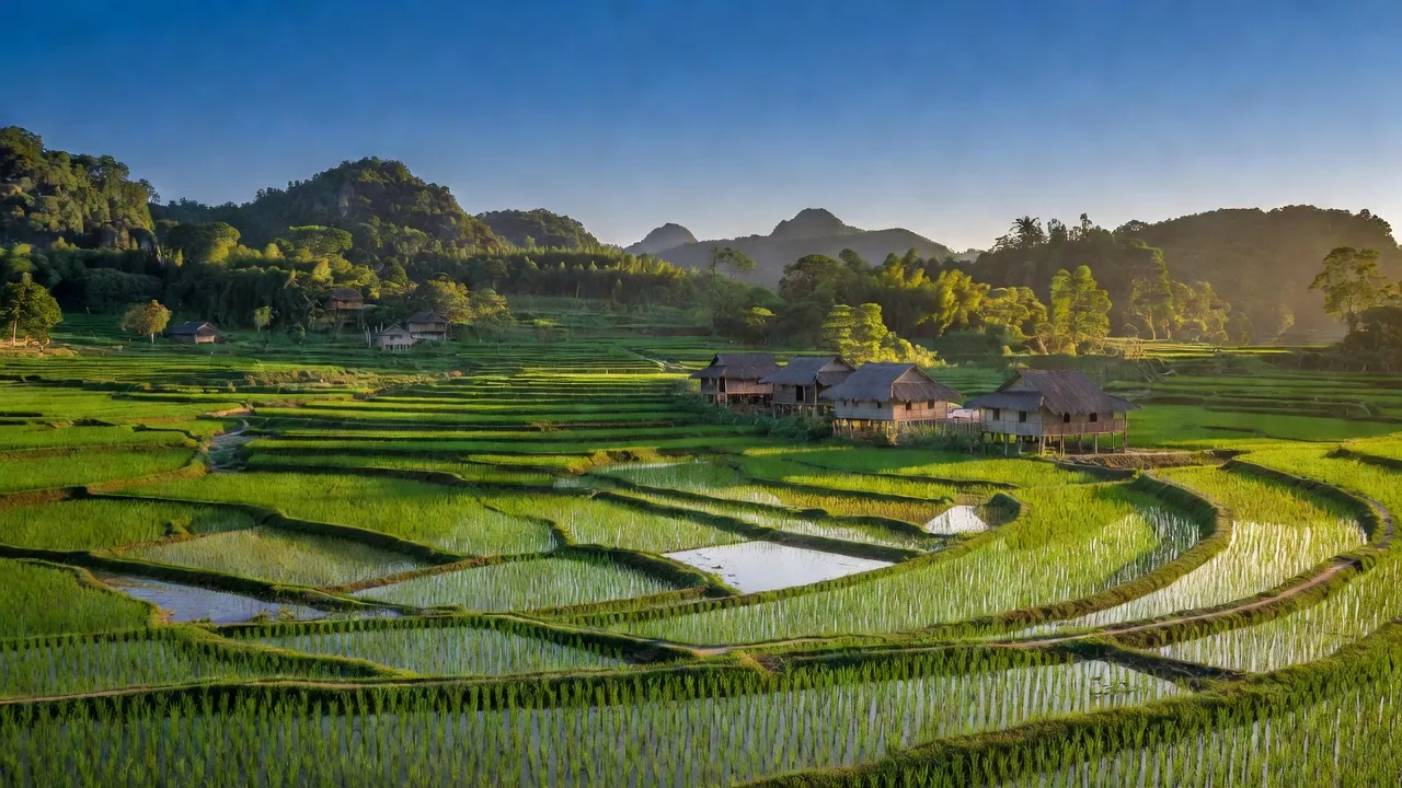 Cảnh quan xã Quang Long, huyện Hạ Lang, tỉnh Cao Bằng với cánh đồng xanh và nhà truyền thống.
