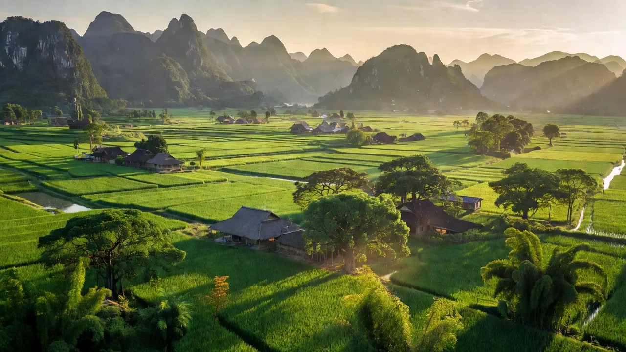 Khung cảnh xanh tươi của xã Quang Long, huyện Hạ Lang, tỉnh Cao Bằng với núi non và cánh đồng.