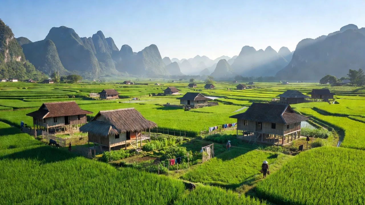 Cảnh đẹp Xã Thắng Lợi, Huyện Hạ Lang, Tỉnh Cao Bằng với đồng xanh và núi non hùng vĩ.