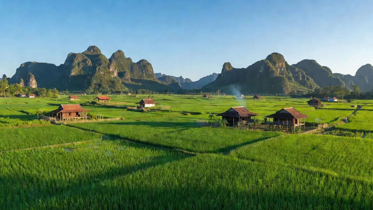 Cảnh quan xã Thắng Lợi, Huyện Hạ Lang, tỉnh Cao Bằng với cánh đồng xanh và núi non hùng vĩ.
