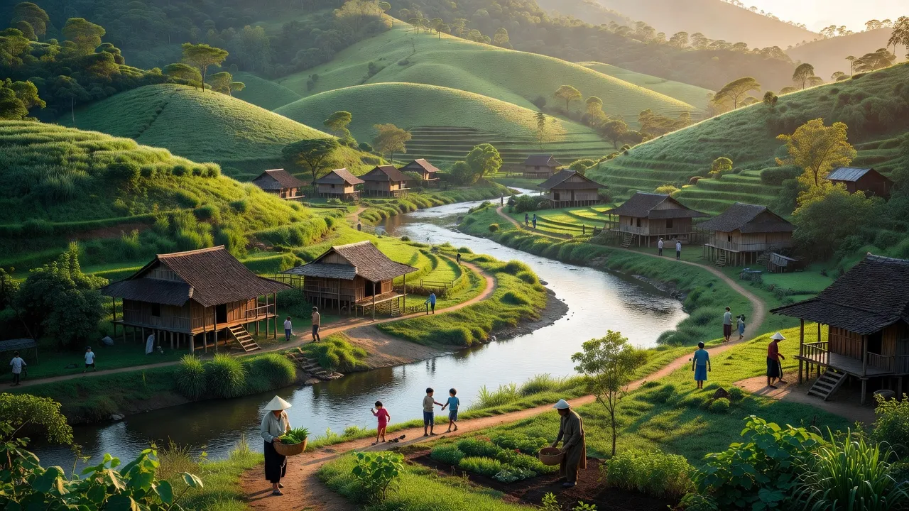 Thị trấn Thanh Nhật, Huyện Hạ Lang, Tỉnh Cao Bằng với phong cảnh thiên nhiên hùng vĩ, nhà cửa truyền thống.