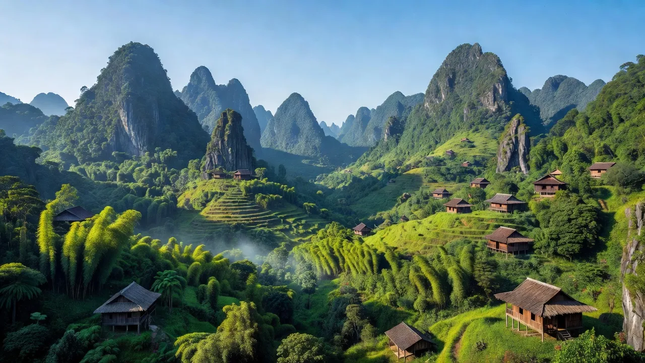 Hà Quảng, Cao Bằng dengan núi cao, thung lũng hẹp và nhà sàn truyền thống, khung cảnh thiên nhiên đẹp.
