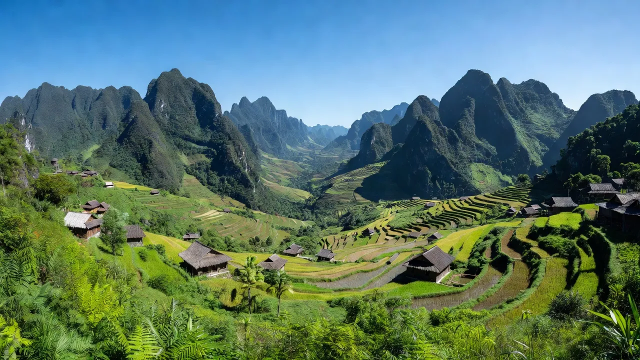 Quang cảnh tuyệt đẹp của Huyện Hà Quảng, Tỉnh Cao Bằng với núi non và thung lũng xanh tươi.