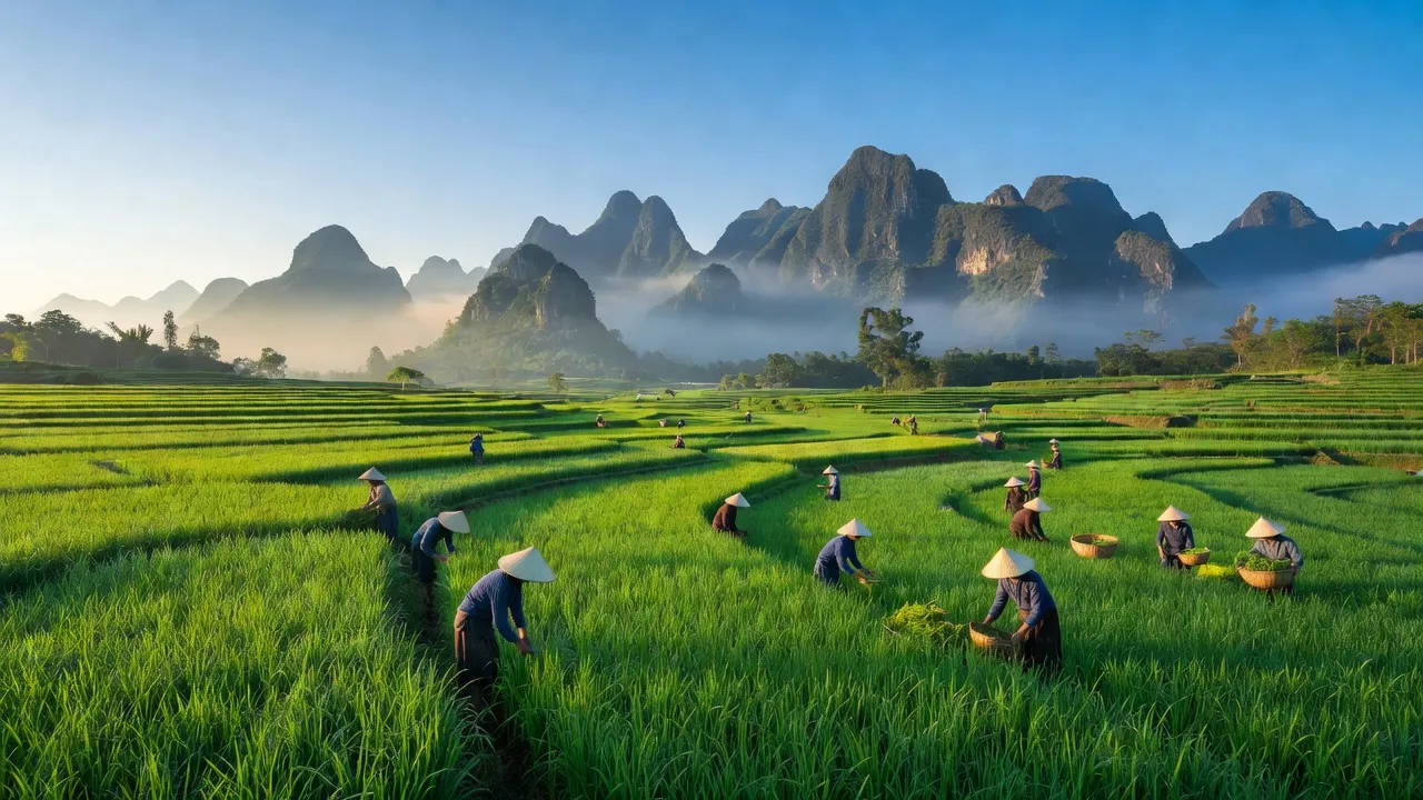 Cảnh đẹp xã Lũng Nặm, huyện Hà Quảng, Cao Bằng với núi non, đồng cỏ xanh và cuộc sống nông nghiệp.