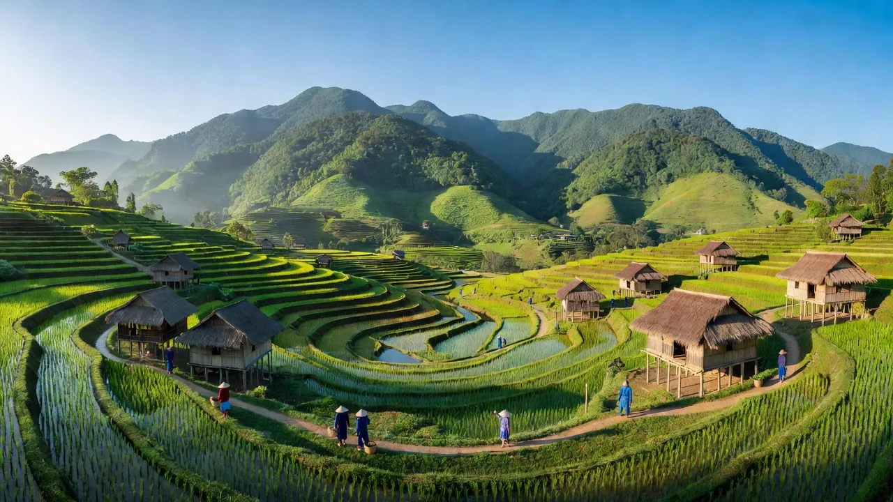 Khung cảnh xã Lũng Nặm, huyện Hà Quảng, tỉnh Cao Bằng với núi non xanh tươi và ruộng bậc thang.