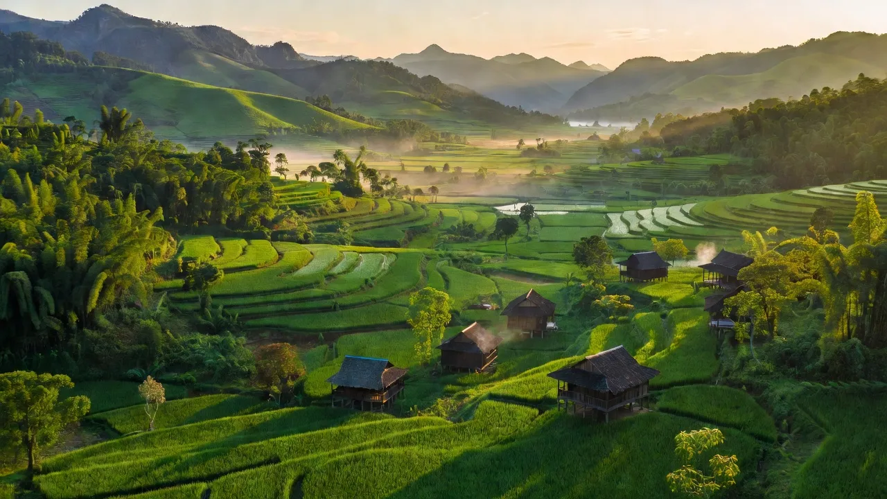Phong cảnh xã Lương Thông, huyện Hà Quảng, Cao Bằng, với đồi núi và nhà sàn truyền thống.