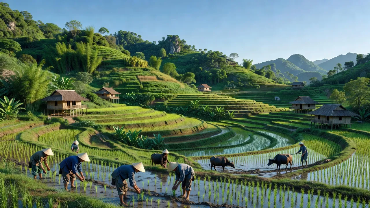 Cảnh đẹp Xã Ngọc Động, Huyện Hà Quảng, Tỉnh Cao Bằng với đồi núi và thung lũng xanh tươi.