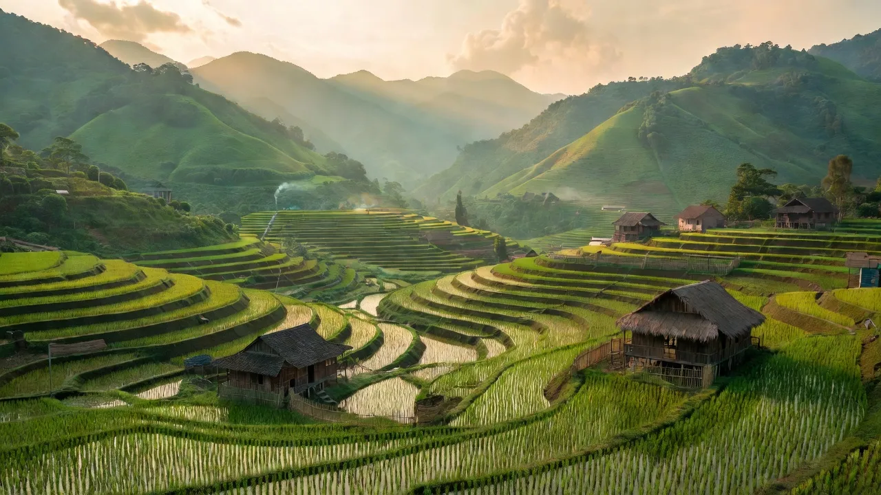 Khung cảnh đồi núi xã Nội Thôn, huyện Hà Quảng, Cao Bằng với ruộng bậc thang và nhà dân tộc.