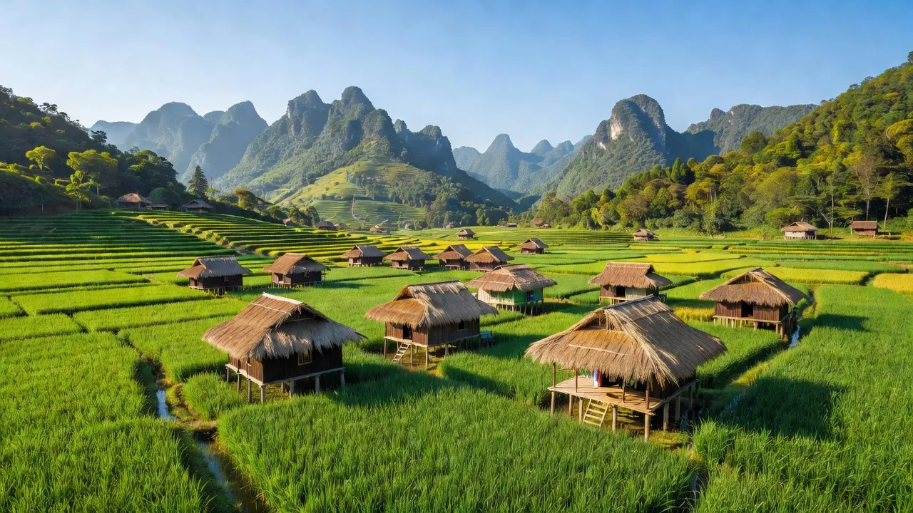 Cảnh làng Xã Yên Sơn, huyện Hà Quảng, tỉnh Cao Bằng với đồng ruộng xanh tươi và nhà sàn truyền thống.