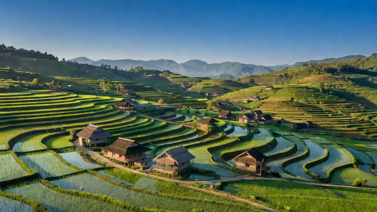 Khung cảnh làng quê Yên Sơn, Hà Quảng với cánh đồng và nhà truyền thống, thời tiết đẹp.