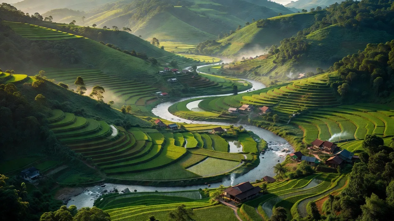 Khung cảnh Huyện Hoà An, Cao Bằng với đồi núi, thung lũng, sông nước và nền nông nghiệp.