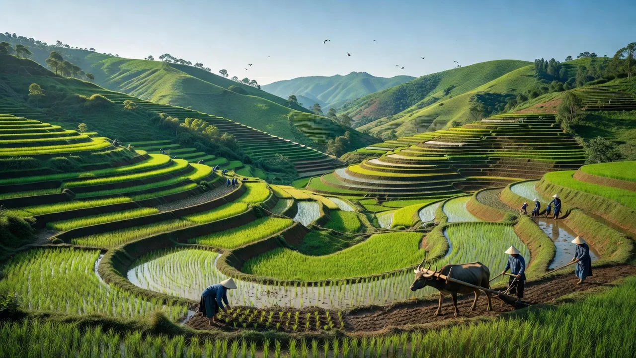 Khung cảnh huyện Hoà An, tỉnh Cao Bằng với đồi núi xanh tươi và không khí nông thôn yên bình.