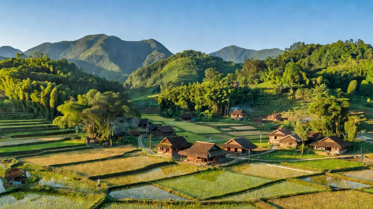 Khung cảnh xanh tươi của xã Hồng Nam, huyện Hoà An, tỉnh Cao Bằng với núi đồi và nông nghiệp.