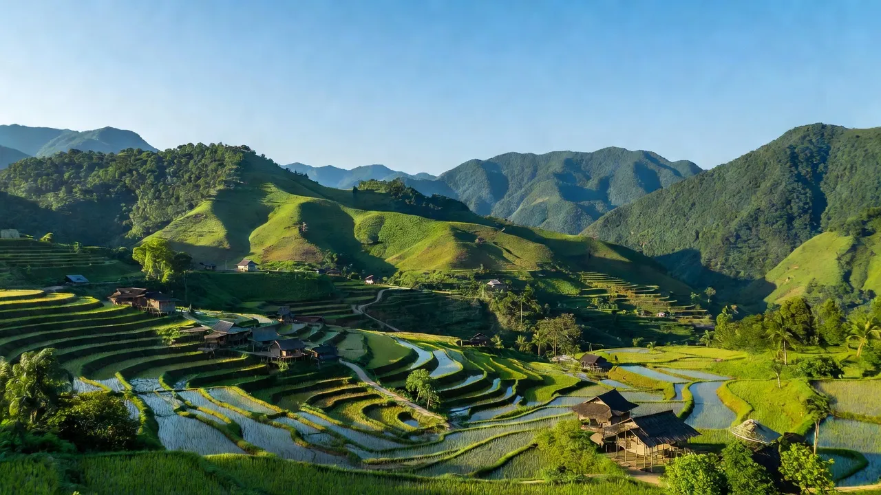Quang cảnh xã Hồng Nam, huyện Hoà An với đồi núi xanh tươi, miền núi Cao Bằng.