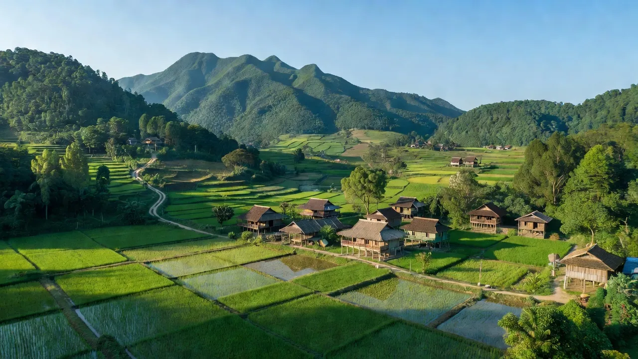 Cảnh đẹp xã Nam Tuấn, huyện Hoà An, tỉnh Cao Bằng với núi non xanh mướt và nhà truyền thống.