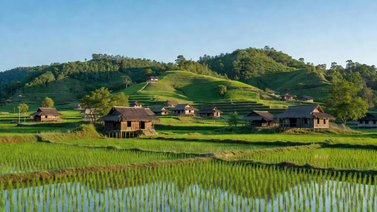 Quang cảnh Yên bình xã Nam Tuấn, Huyện Hoà An, với đồi núi xanh tươi và nhà truyền thống.