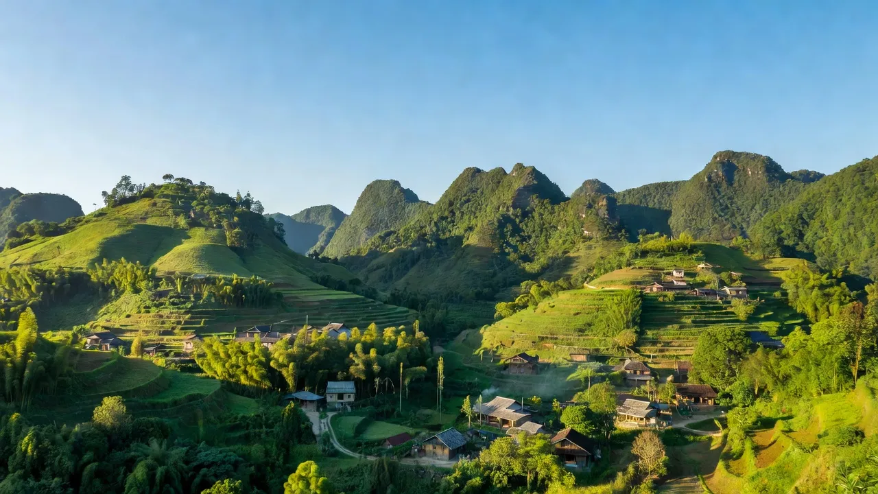 Khung cảnh xã Ngũ Lão, huyện Hoà An, Cao Bằng với đồi núi và bầu trời trong xanh.