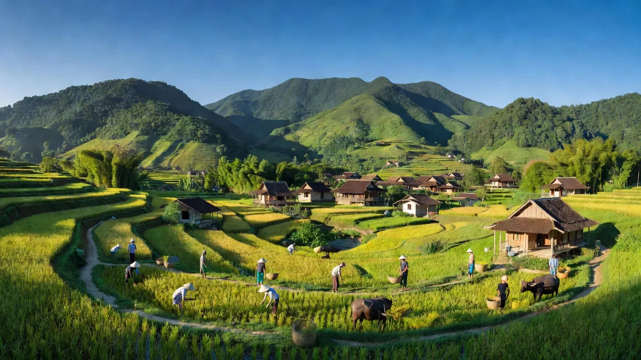 Khung cảnh Xã Ngũ Lão, Huyện Hoà An, tỉnh Cao Bằng với đồi núi xanh tươi và cuộc sống địa phương.