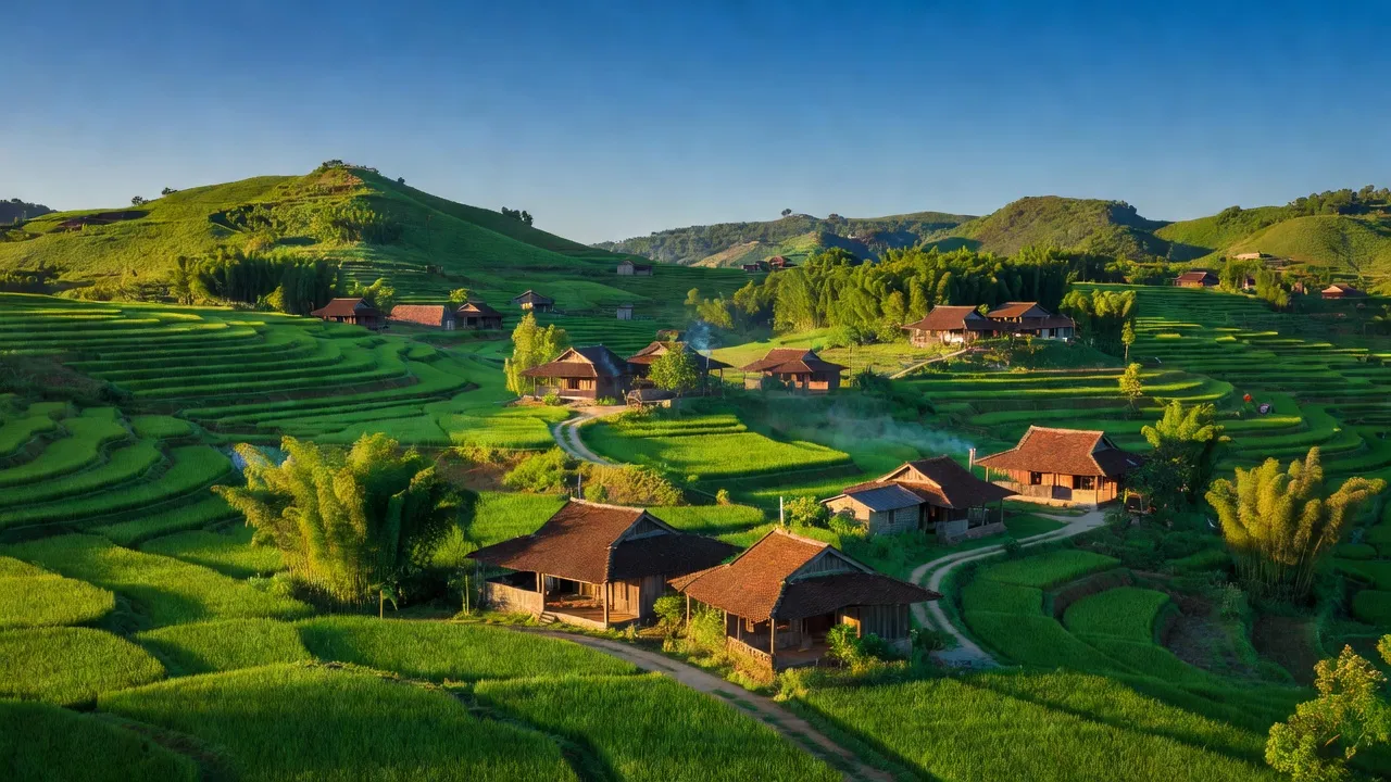 Quang Trung, Hoà An, Cao Bằng with rolling hills, greenery, and traditional homes in a rural setting.