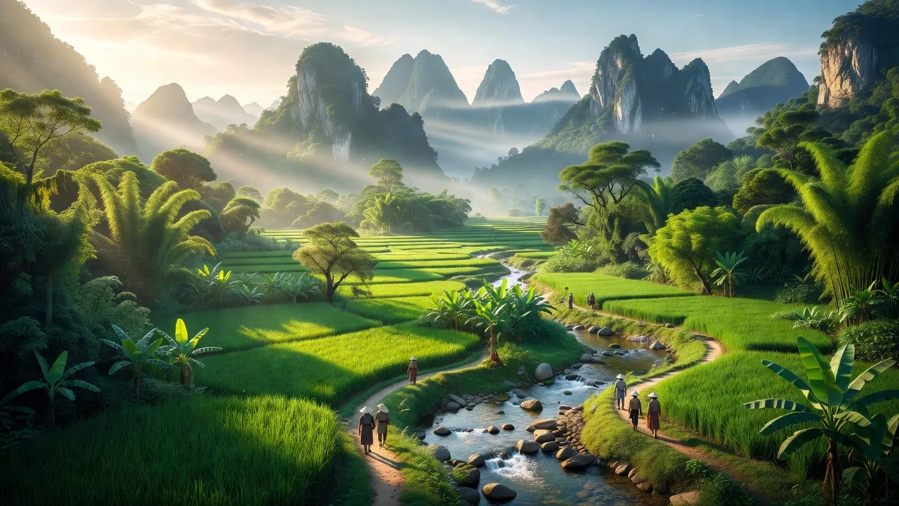 Khung cảnh tự nhiên huyện Nguyên Bình, Cao Bằng với núi, thung lũng và suối chảy.