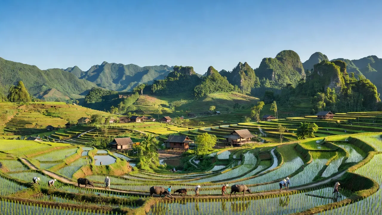 Cảnh quan xã Ca Thành, huyện Nguyên Bình, tỉnh Cao Bằng với núi non và hoạt động nông nghiệp.
