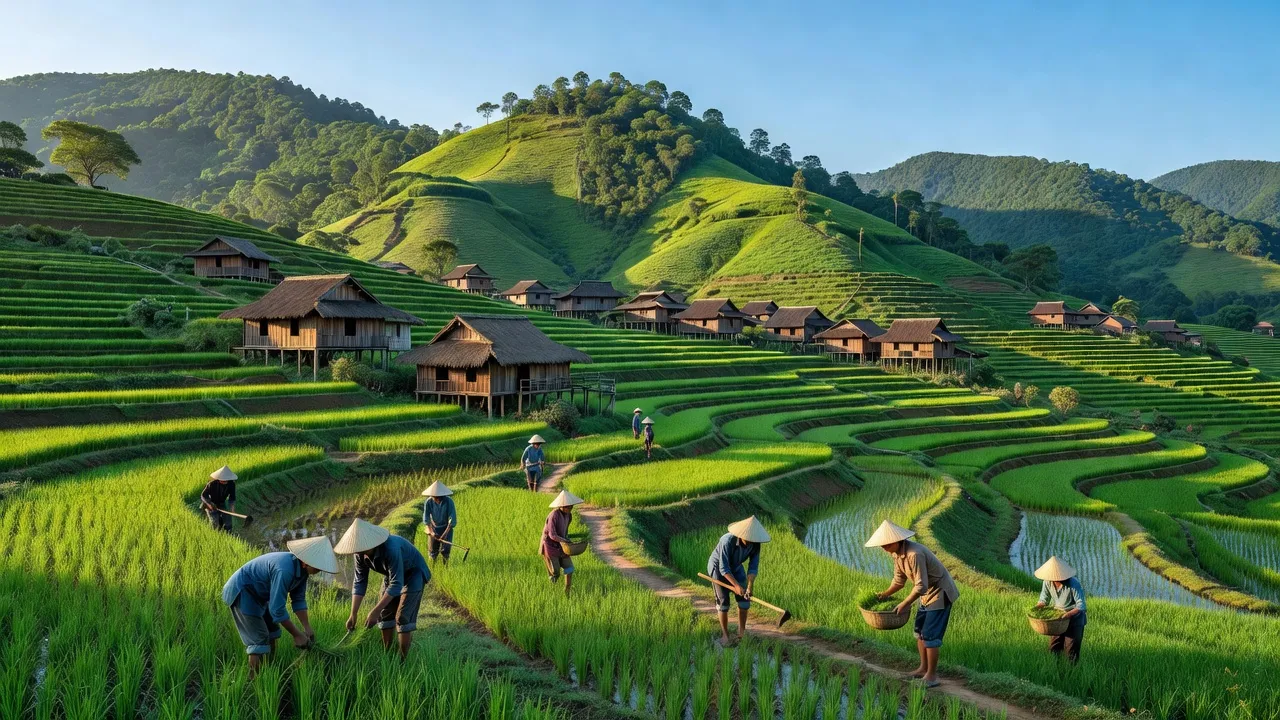 Cảnh đẹp xã Mai Long, huyện Nguyên Bình, tỉnh Cao Bằng với núi xanh và nhà truyền thống.