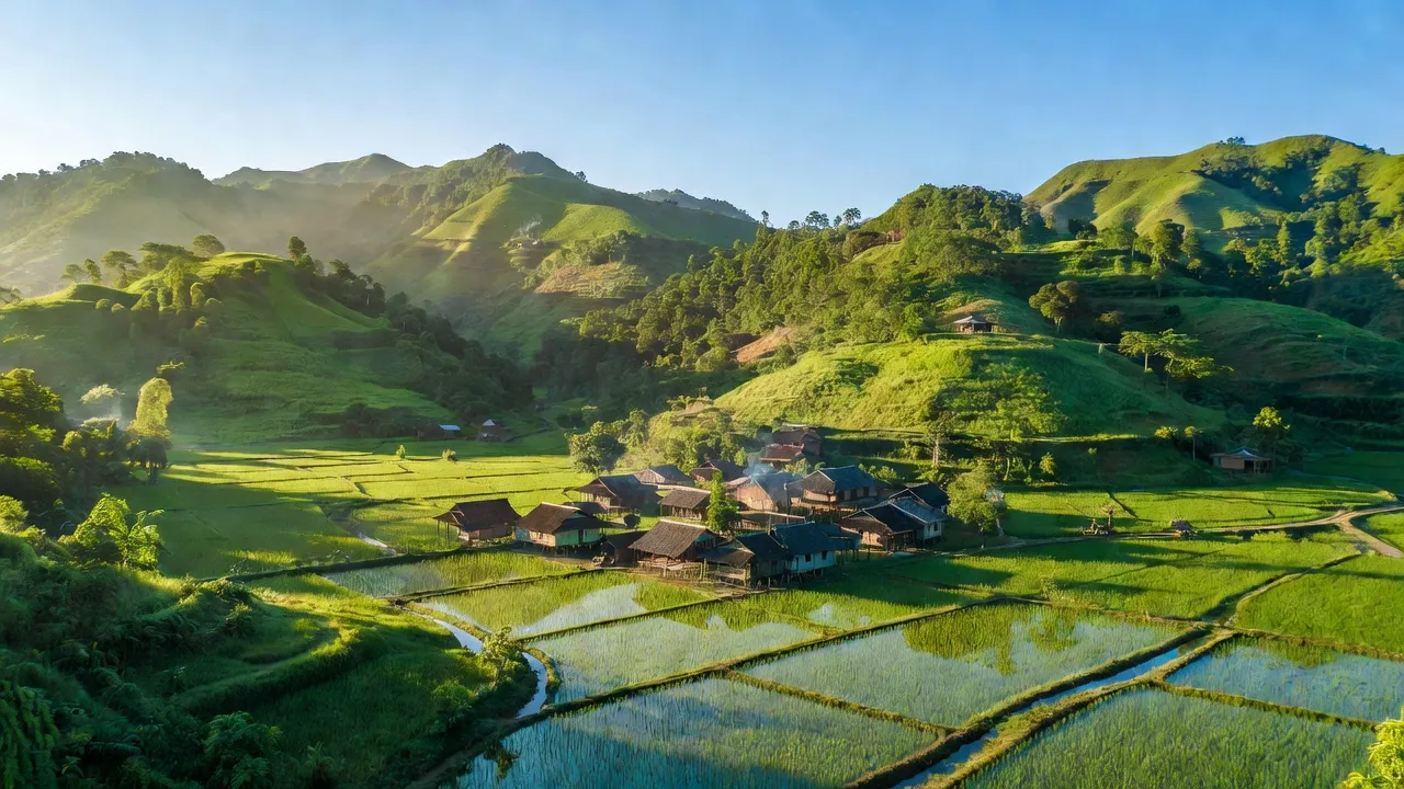 Cảnh thiên nhiên xã Mai Long, huyện Nguyên Bình, Cao Bằng với núi đồi và cánh đồng xanh.