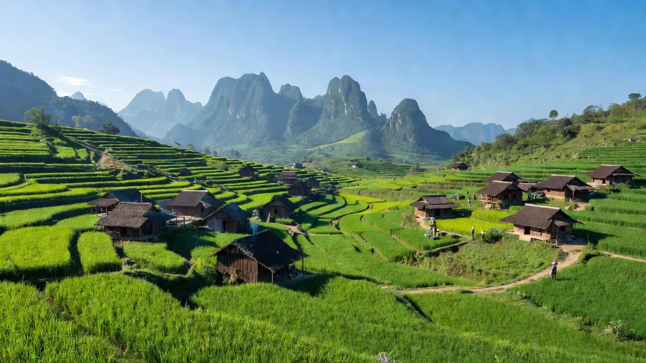 Cảnh quan nông thôn Xã Phan Thanh, huyện Nguyên Bình, tỉnh Cao Bằng, với nhà gỗ và đồi xanh.