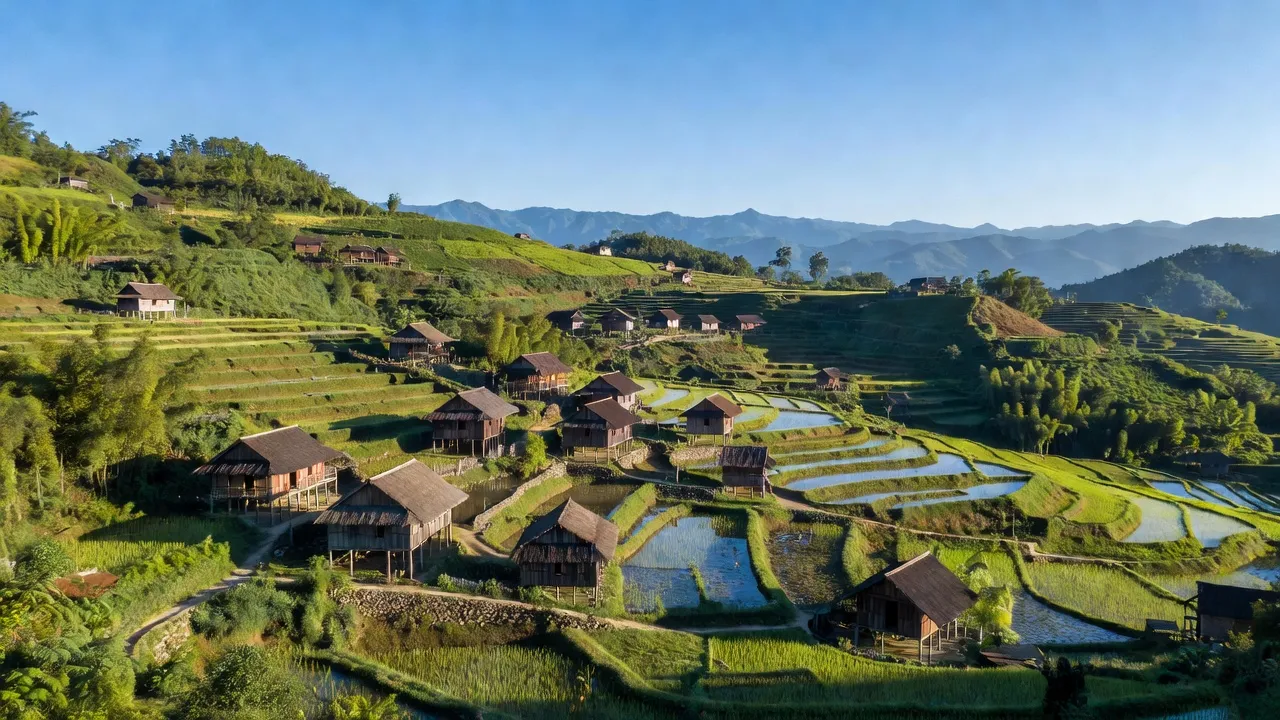 Cảnh quan đẹp tại xã Vũ Minh, huyện Nguyên Bình, tỉnh Cao Bằng với núi non và nhà truyền thống.