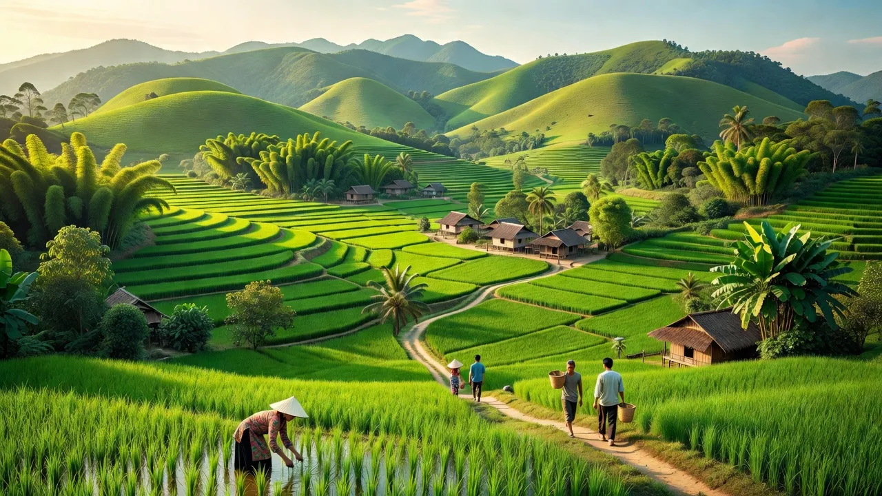 Khung cảnh đồi núi và thung lũng ở Huyện Quảng Hòa, Cao Bằng, nổi bật đặc trưng địa phương, cảm giác bình yên.