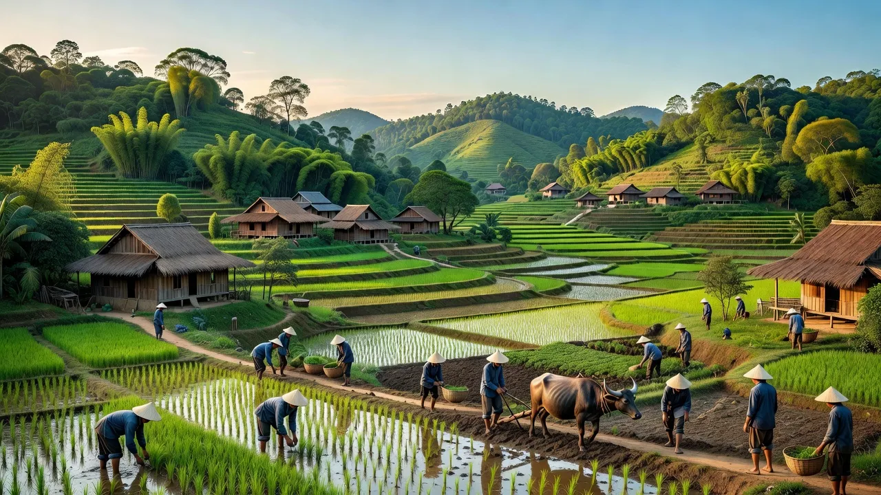 Khung cảnh huyện Quảng Hòa, tỉnh Cao Bằng với đồi núi, thung lũng và vẻ đẹp thiên nhiên.