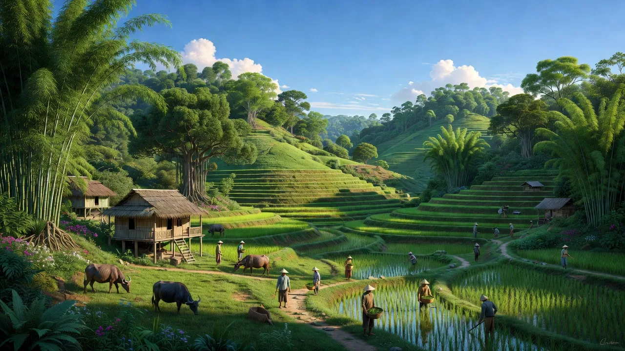 Cảnh quan thiên nhiên tại xã Cách Linh, huyện Quảng Hòa, Cao Bằng, đồi núi và bầu trời trong xanh.