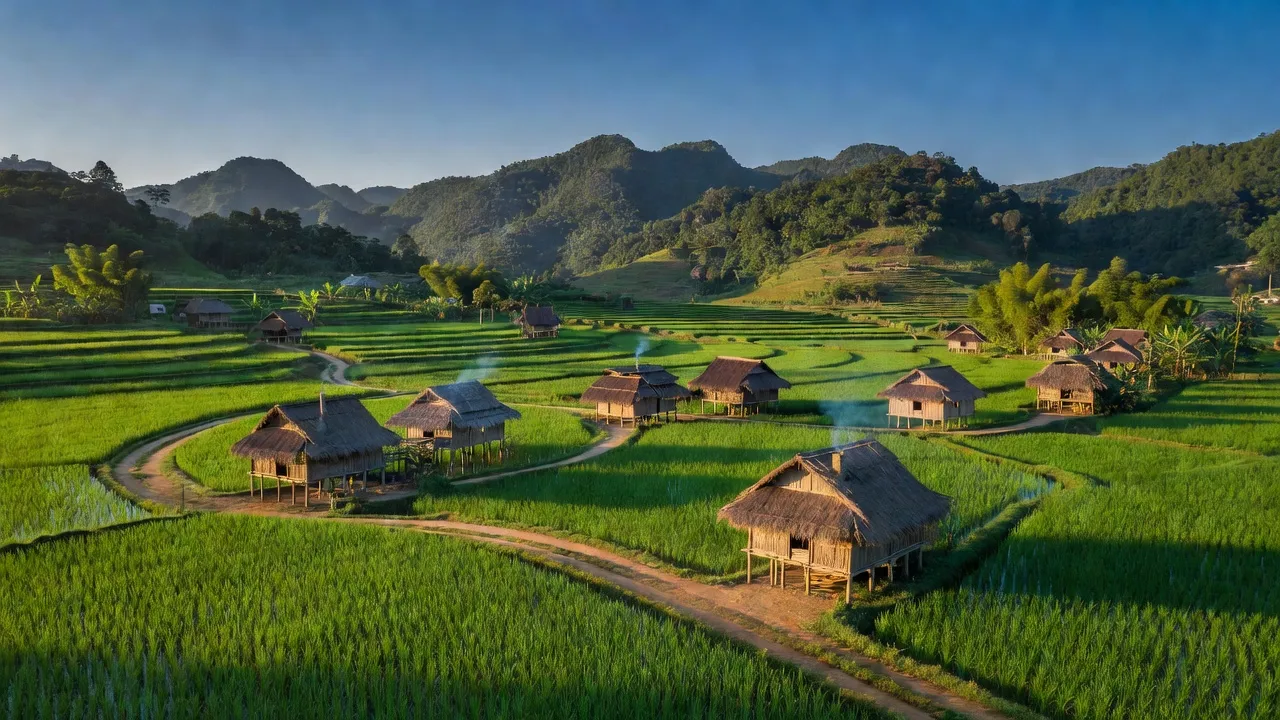 Cảnh quan Xã Đại Sơn, huyện Quảng Hòa, tỉnh Cao Bằng với đồng xanh và nhà truyền thống.