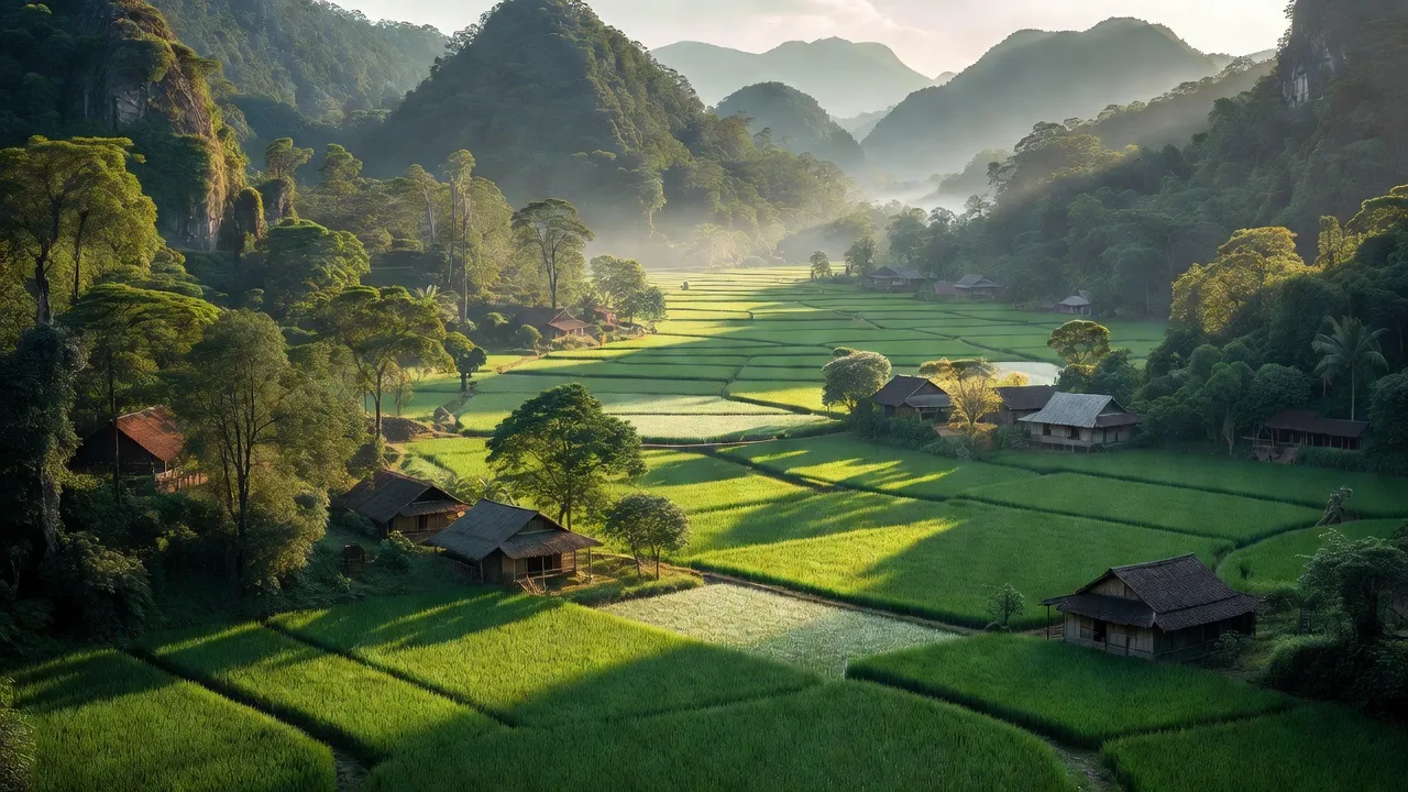 Cảnh quan thiên nhiên đẹp tại Xã Hạnh Phúc, Huyện Quảng Hòa, Tỉnh Cao Bằng với cánh đồng và núi.