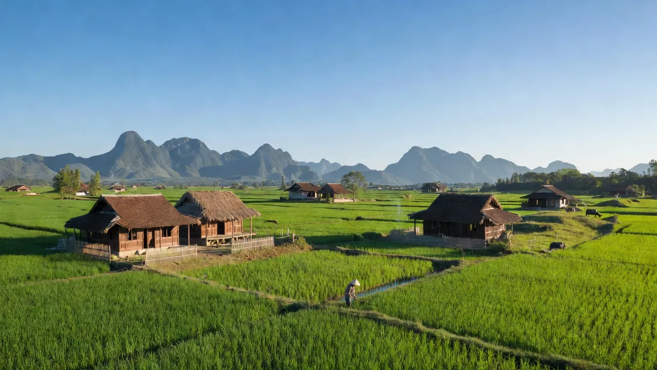 Khung cảnh xanh tươi của Xã Hạnh Phúc, Quảng Hòa, với đồng ruộng và nhà truyền thống.