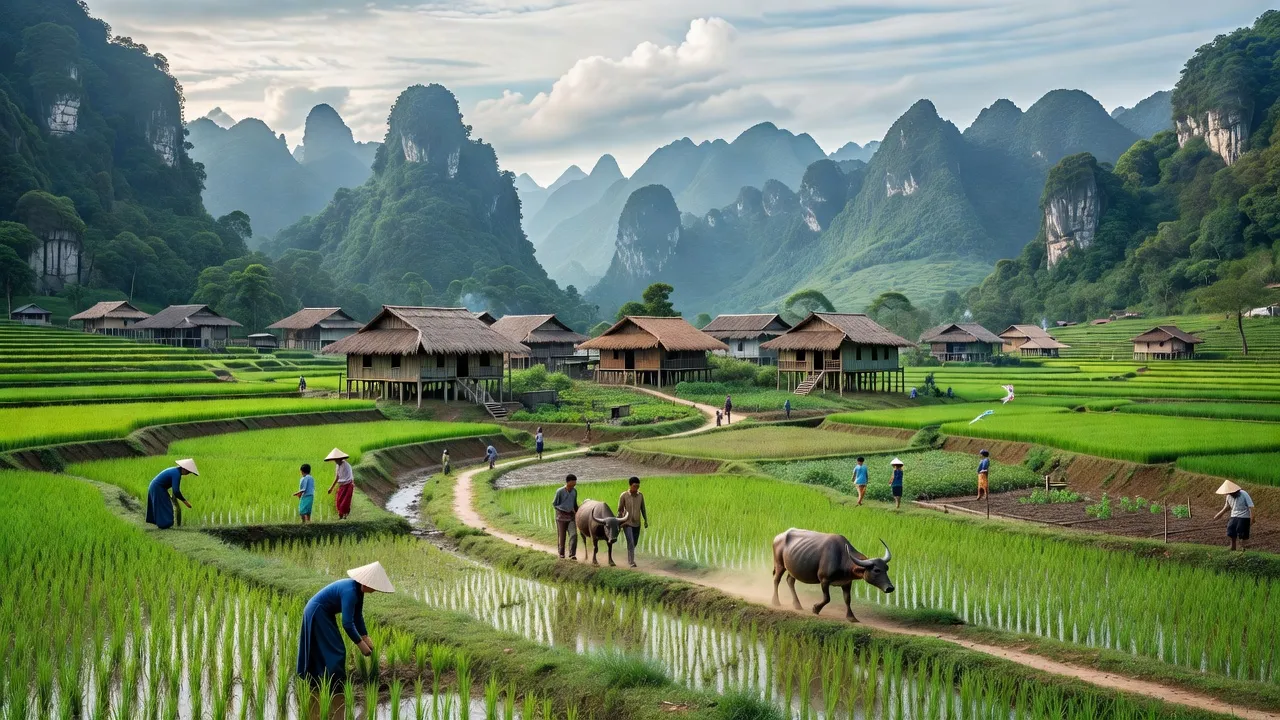Khung cảnh Thị trấn Hoà Thuận, huyện Quảng Hòa, tỉnh Cao Bằng, với nhà truyền thống và núi non xanh tươi.