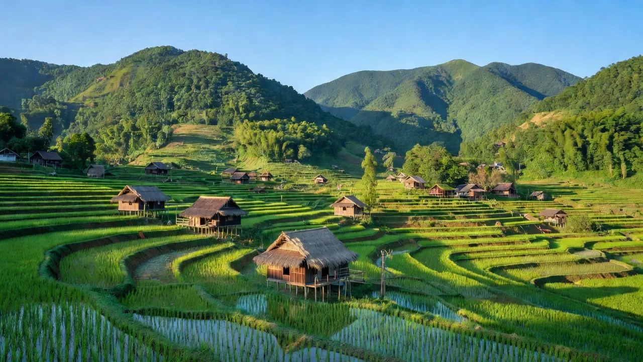 Quốc Toản, Quảng Hòa with green mountains and traditional houses, reflecting northern Vietnam's beauty.