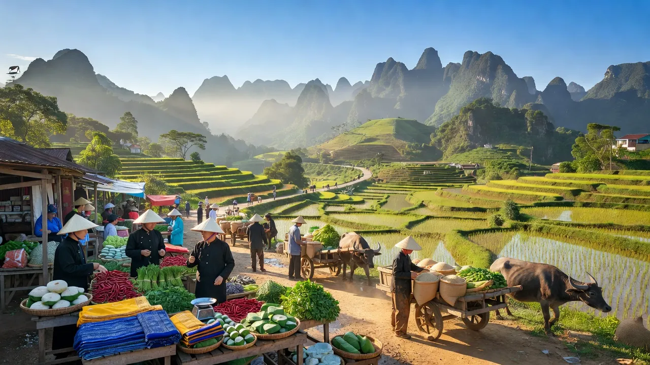 Thị trấn Tà Lùng, Quảng Hòa, Cao Bằng với chợ nông sản tấp nập, bầu trời trong xanh.