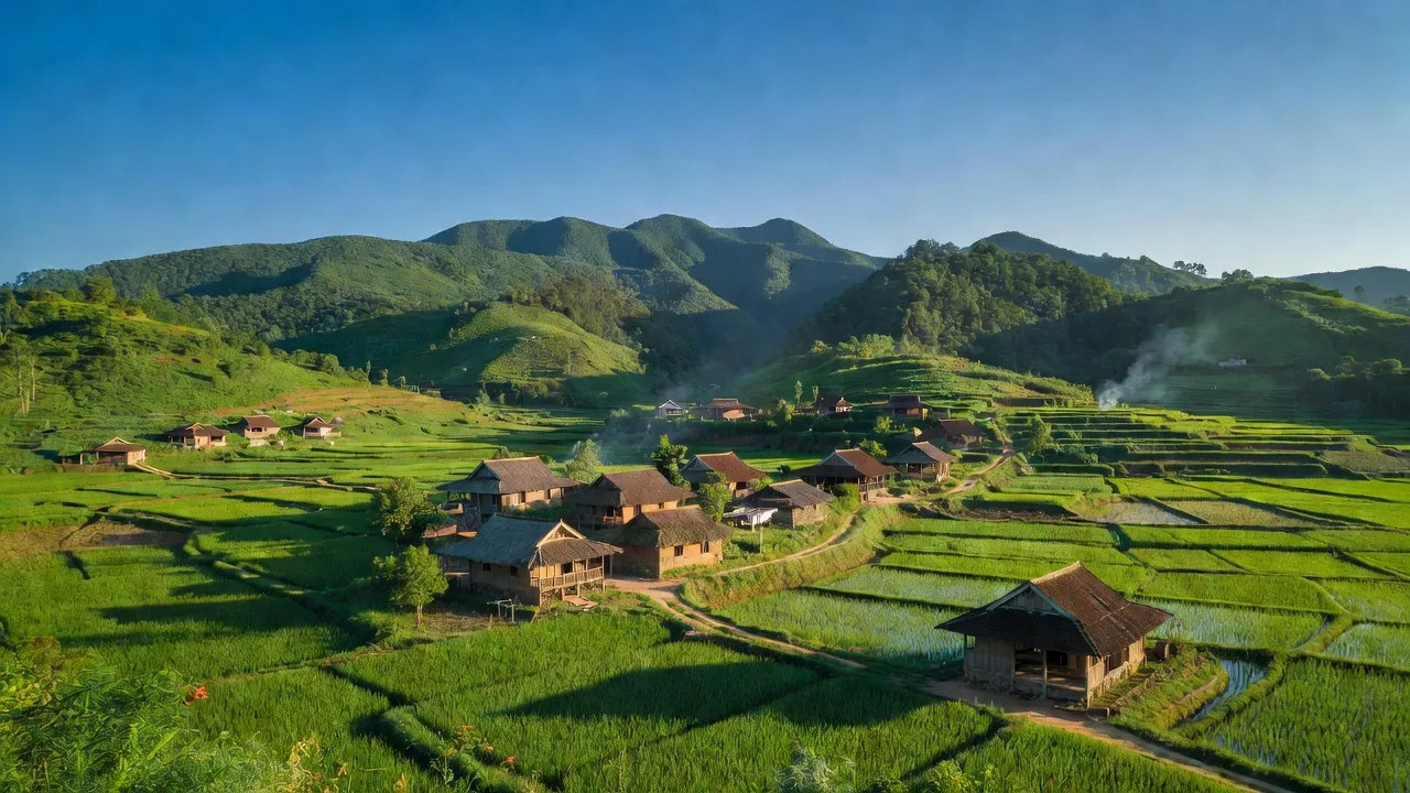 Khung cảnh đẹp của xã Tự Do, huyện Quảng Hòa, tỉnh Cao Bằng với núi xanh và nhà truyền thống.